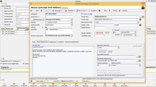 CRM modul - Iktatási lap pénzügyből generálva