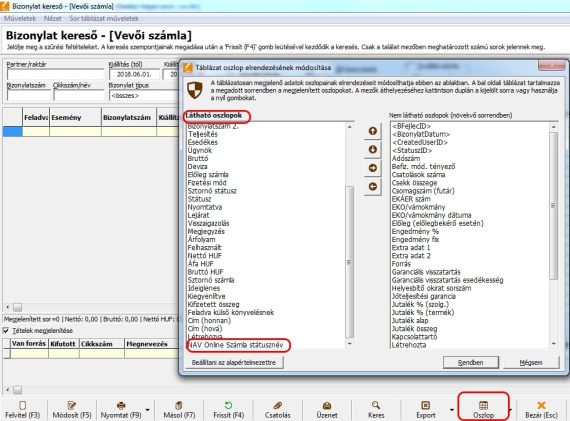A számlák feladási állapotának kijelzése